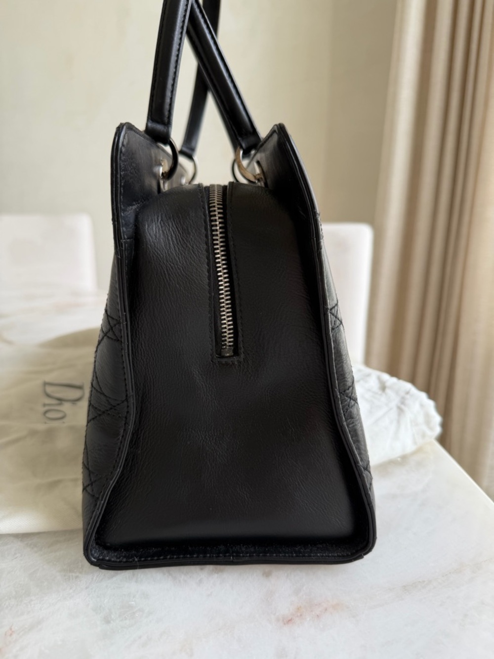 Christian Dior Vintage Black Cannage Leather Lady Dior Tote Bag w/Silver Tone - Picture 9 of 16